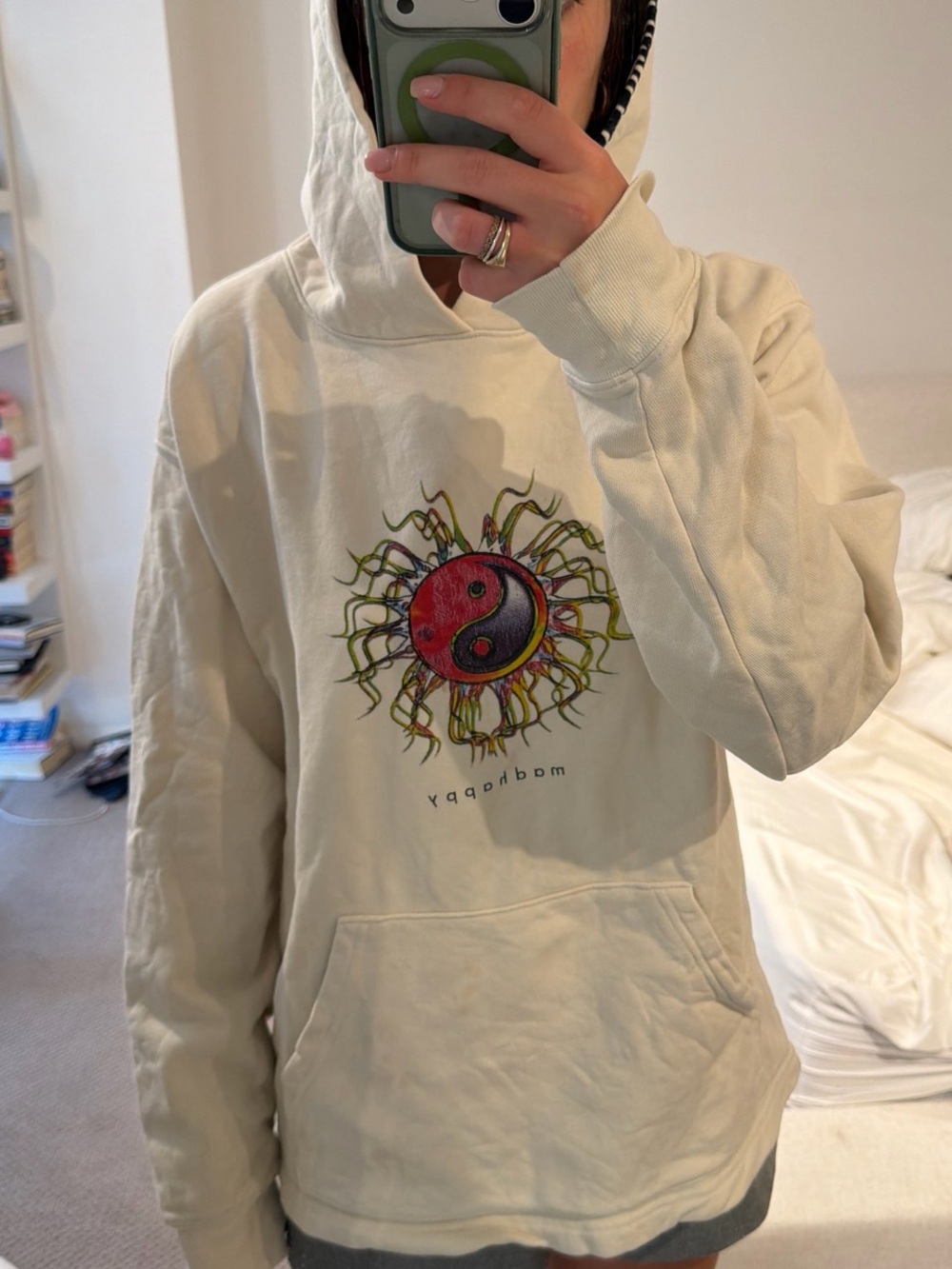 Madhappy Cream Hoodie with Red & Black Yin-Yang Sun Graphic